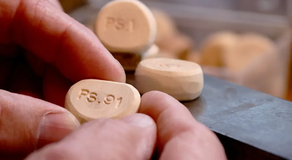 Handen houden een houten gebedsnoot vast waarin PS.91 is geslagen